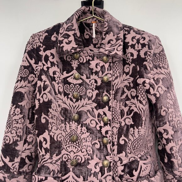 Free People Pink & Black Brocade Velvet Coat – Size 4 – Winter Women’s - Picture 3 of 11